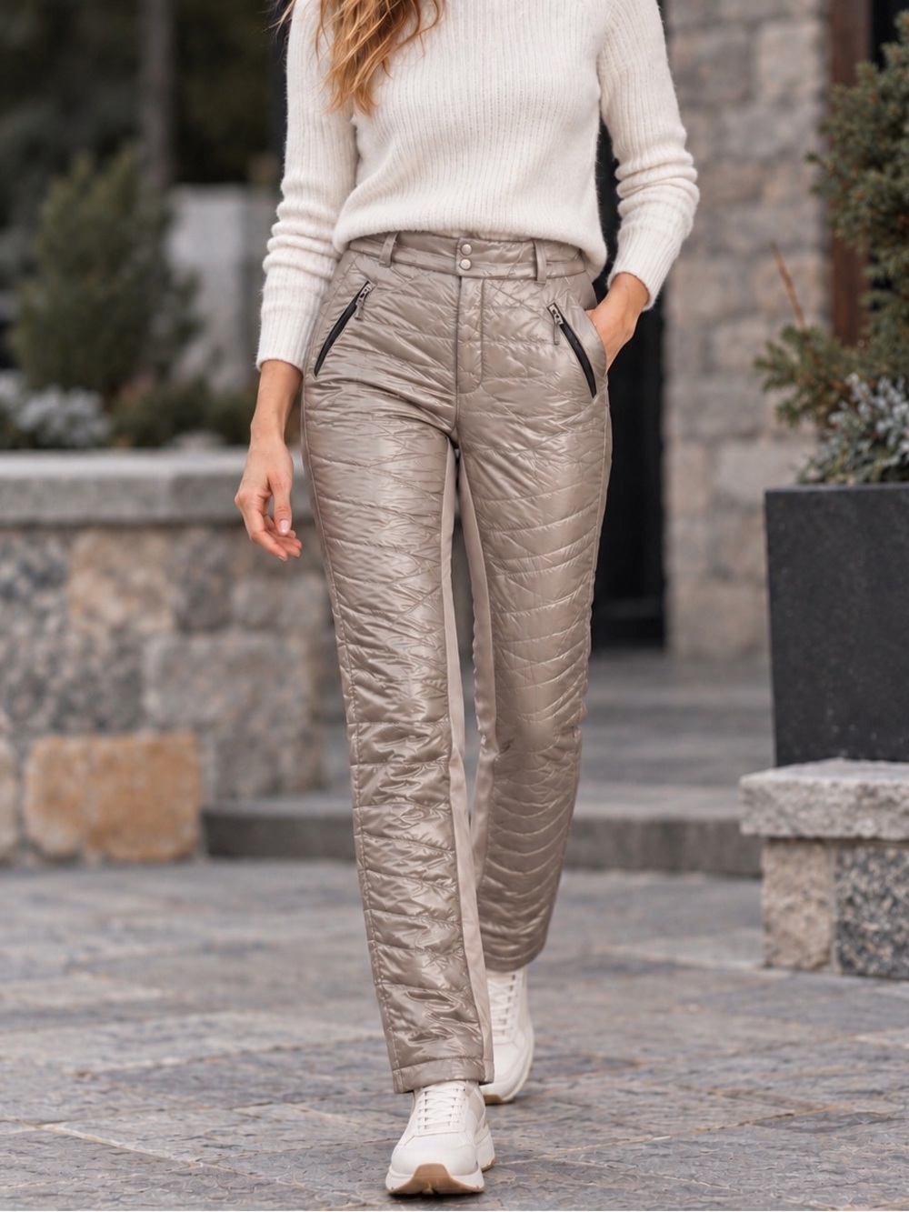 RLX Ralph Lauren Hybrid Tech Puffer Quilted Pants Metallic Taupe Size 4